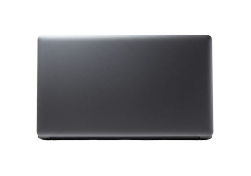 Closed laptop computer dark gray metallic casing minimalist design transparent background technology digital device office business