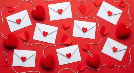 Collection of white envelopes with red hearts scattered on a textured red surface with delicate white lines