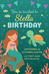 Cute kids vertical birthday invitation in underwater world style. Mermaid on a rock, turtle, fish, plants and bubbles. Vector card in green and blue colors for a holiday, party, postcard