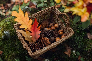 Gathering autumn treasures pinecones and leaves in a rustic basket nature outdoor close-up seasonal beauty