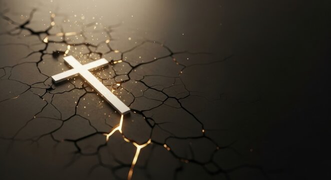 White christian cross lying on cracked dry ground. Religious faith and hope concept. Spiritual symbol for Easter time.