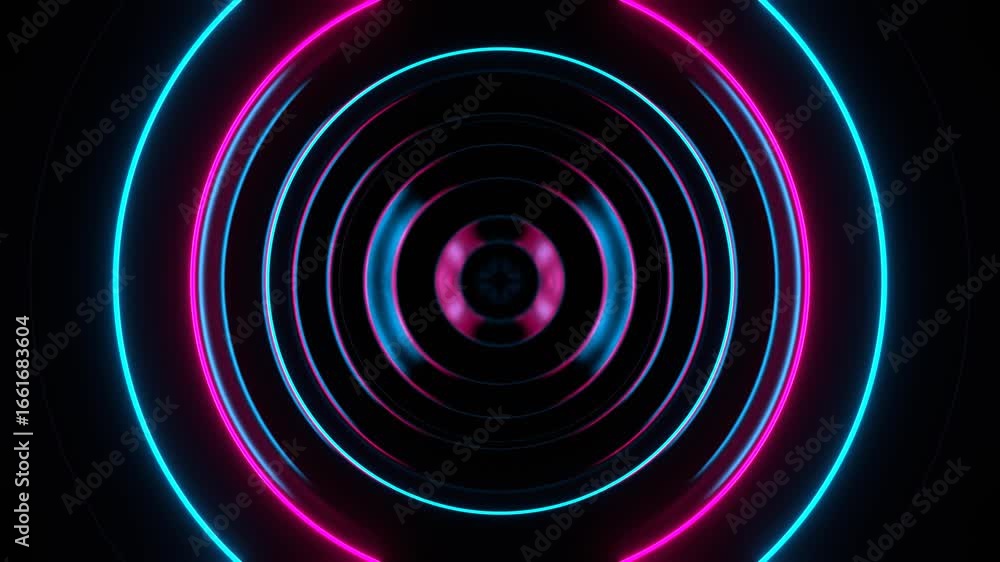 Poster abstract neon rings in a circular pattern against a black background, creating a futuristic and vibr