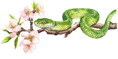 Watercolor painting of a green snake on a peach blossom branch