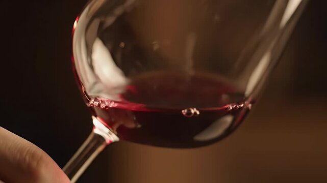 Close-up of a hand holding a glass of rich red wine, with bubbles forming on the surface.