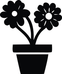 Simple black and white silhouette of two blooming flowers in a pot ideal for decorative use and design projects