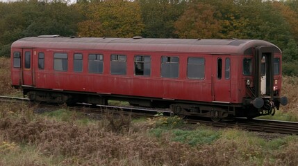 Fototapeta premium Vintage red train carriage standing idle on the tracks amidst lush vegetation scene