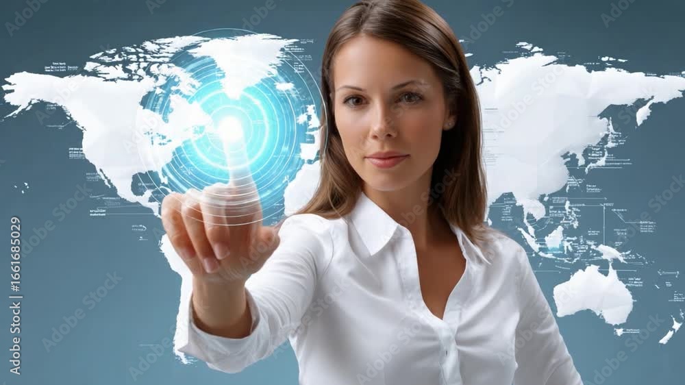 Poster global touch: a forward-thinking professional interacts with an interactive map of the world, emphas
