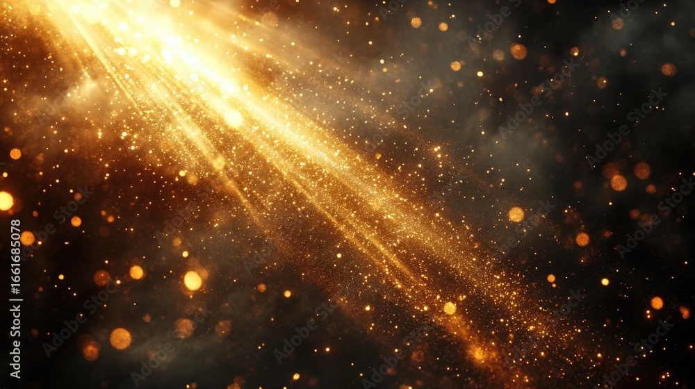 Poster a mesmerizing display of golden light beams and sparkling particles against a dark background, creat