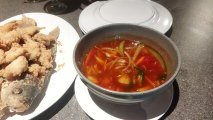Delicious Crispy Fried Fish with Savory Sweet and Sour Vegetable Soup Asian Cuisine Restaurant Food