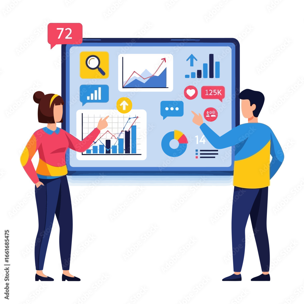 Poster digital insights unveiled: two professionals analyze a vibrant digital interface, exploring data tre