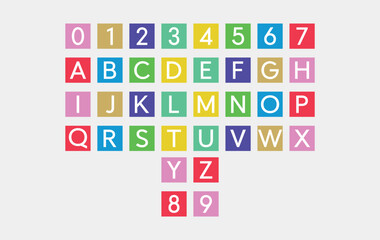 Colorful Alphabet and Numbers Set for Kids Learning. Bright vector illustration of the English alphabet and numbers 0-9 inside multicolored square tiles.
