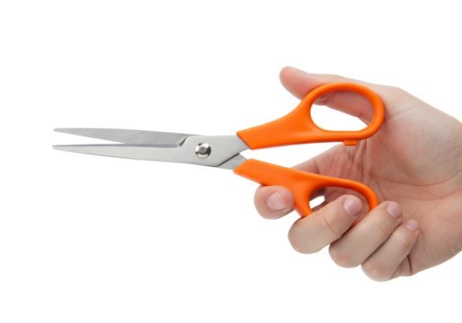Hand holding scissors close up studio shot orange and silver transparent background - Powered by Adobe