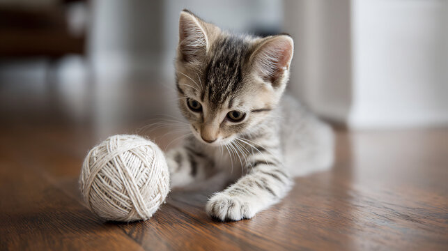 A grey and white kitten playfully batting at a ball of yarn on a wood floor in natural light.