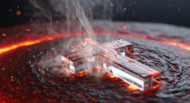 Glass cross standing on an abstract surface of lava with steam and sparks. Concept of spiritual power and belief.