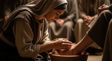A woman washes feet in a bowl, demonstrating humility and service. Concept of Christian biblical ritual of foot washing.