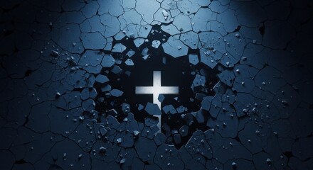 White cross symbol glowing through shattered dark surface, representing hope breaking through despair. Concept art for Easter.