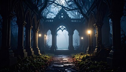 Mysterious gothic archway in misty graveyard