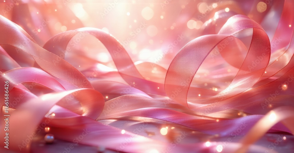 Poster pink ribbons flow, creating soft curves. light sparkles, adding festive, dreamy quality. background 