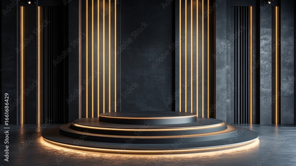 Poster a modern, sleek stage design featuring circular platforms and illuminated vertical lines against a d