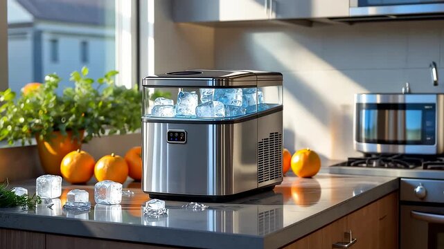 Modern stainless steel ice maker machine on kitchen counter producing fresh ice cubes with bright sunlight view