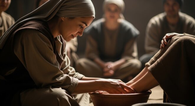 Woman washing feet as an act of humble service. Devotion and humility concept for religious and biblical illustration.