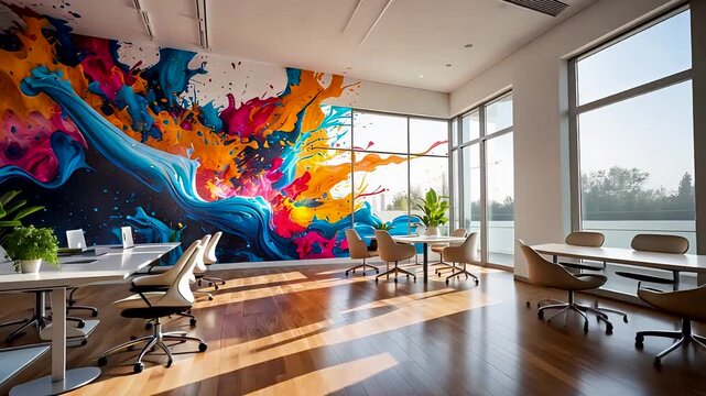 Spacious modern office interior with wooden floor large windows and colorful abstract wall mural decoration