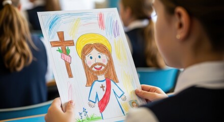 A girl holds up a colorful drawing of Jesus Christ and a cross during a religious education class. Christian school child learning about faith.