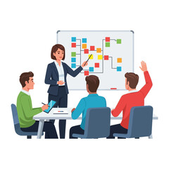 Business Presentation: A dynamic presentation of a successful businesswoman in front of a group of people with a whiteboard, highlighting a moment of enlightenment and teamwork. 