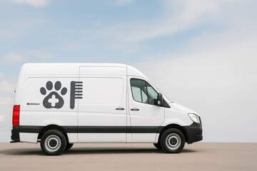 White mobile grooming van with paw print and comb icon parked under clear sky clean space for text concept for pet grooming and mobile animal care services