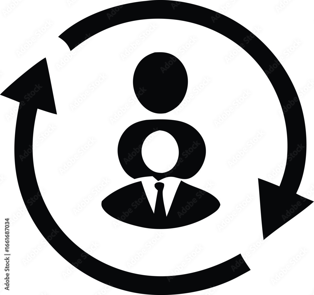 Poster icon representing a person within a circular arrow system indicating workflow management collaborati