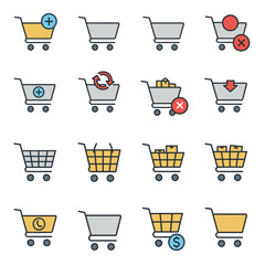 Shopping cart icons set. Shopping basket icon collection. Shopping cart line and flat icon