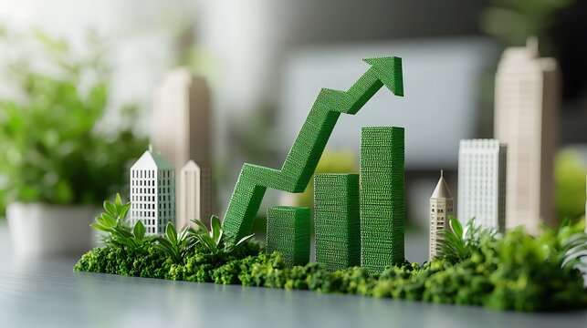 A green upward trend arrow with bar graphs and buildings on a green mossy surface with plants around - Powered by Adobe
