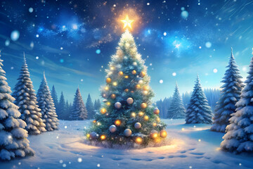 Obraz premium Illuminated Christmas Tree In A Snowy Forest Under A Starry Night Sky With Aurora holiday winter