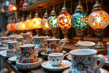 Naklejka premium Abstract Colorful Souvenirs in the Touristic Travel Destinations Grand Bazaar. Ceramics, Mosaic, Porcelain, Coffee Cups and Mosaic Lamps