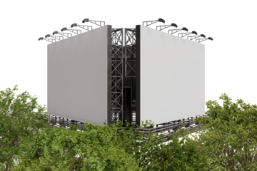 A large, blank, double-sided billboard stands atop a metal framework, partially obscured by lush green foliage.  The structure is angular and imposing, suggesting a robust outdoor advertising display