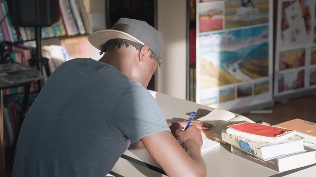 Rear view of man sitting at desk in bright library, writing notes in notebook beside stack of books, surrounded by colorful shelves and travel posters illuminated by natural sunlight
