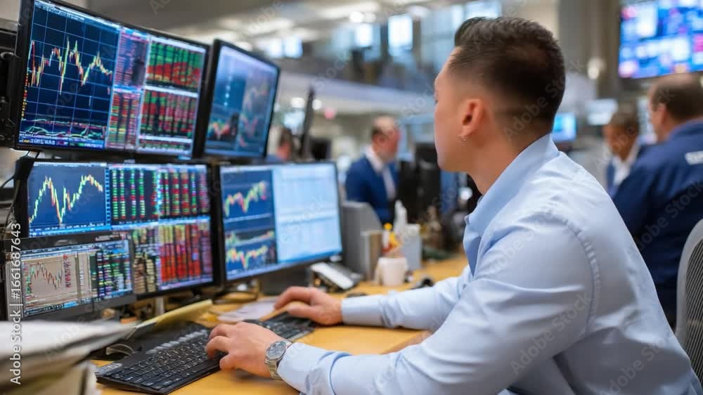 Poster stock market analyst at work: an analyst concentrates on multiple computer monitors displaying compl