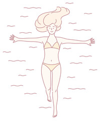 A joyful illustration depicting a woman swimming in a vibrant bikini, beautifully embodying summer vibes and freedom