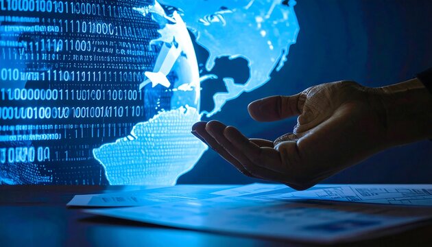 A hand reaching out over a digital globe overlayed with binary code