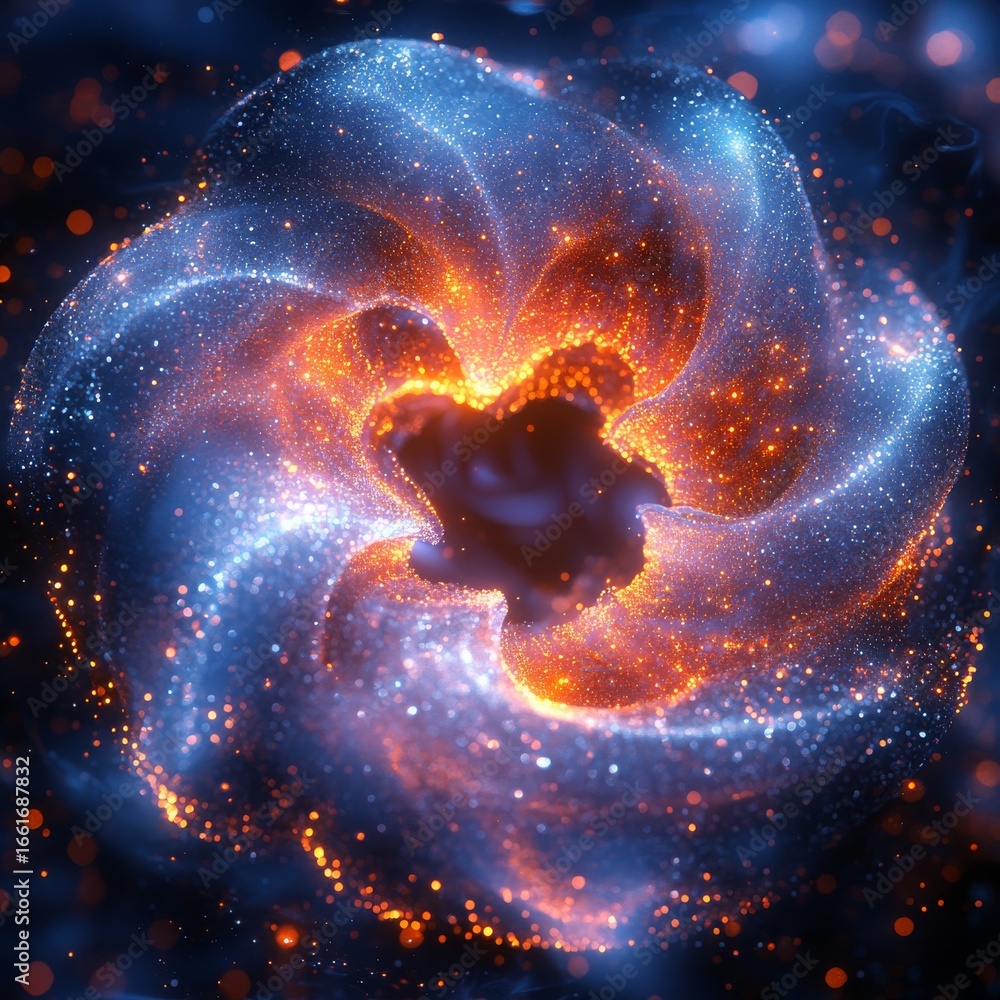 Poster dynamic cosmic glow: an abstract swirl of brilliant blue and fiery orange particle streams, illumina