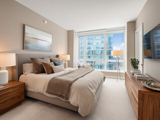 Obraz premium Modern Bright Bedroom with Large Window and Neutral Tones