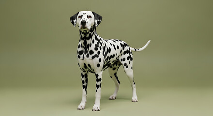 Dalmatian dog standing on a green background.