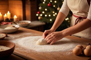 Fototapeta premium Frau beim Backen in einer gemütlichen Küche mit Teig und Mehl auf dem Holztisch – warme, stimmungsvolle Atmosphäre mit Kerzenlicht