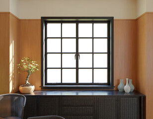 Fototapeta premium A tranquil interior scene features a dark-framed multi-paned window, sunlight illuminating a room with wood paneling. A bonsai tree and ceramic vases sit atop a dark wood cabinet