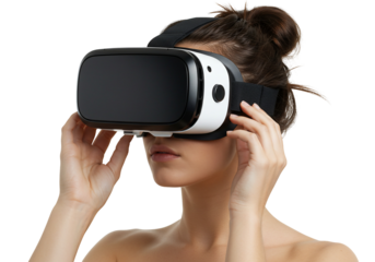 Woman using virtual reality headset immersive digital experience technology future innovation