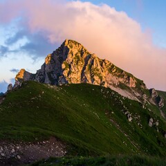 Mountain peak at dawn.  Sunrise hues