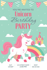 Unicorn Invitation. Cute vector birthday invitation with a unicorn on a cloud, rainbow and castle. Mint and hot pink shades will create a magical fairy tale atmosphere at a children's party