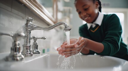 Young girl washing hands at a sink