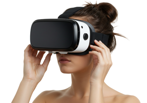 Woman using virtual reality headset immersive digital experience technology future innovation
