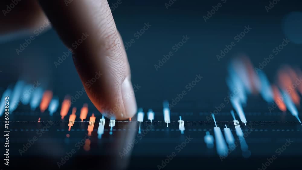 Aufkleber finger pointing at financial data on a digital display with colorful graphs and charts